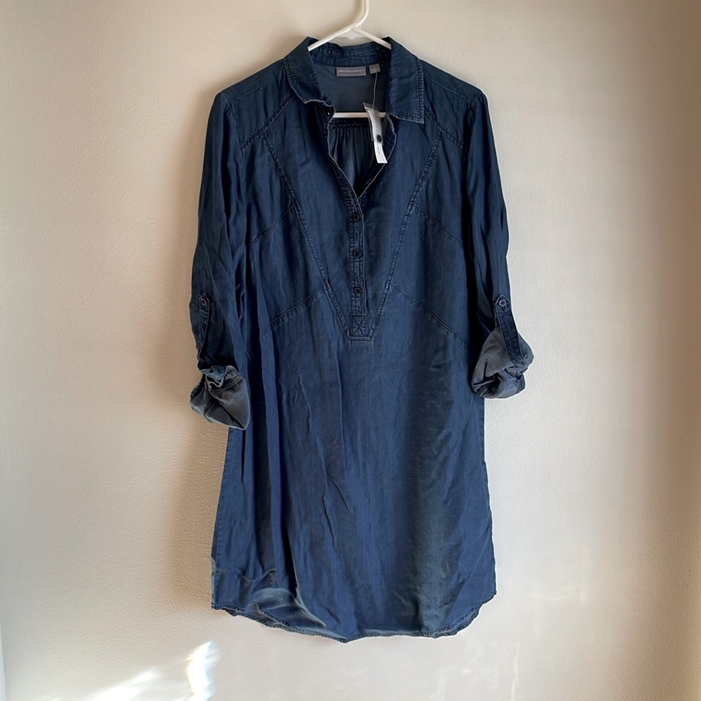 Denim shirt dress, can be dressed up or down - button detail at neck and sleeve
